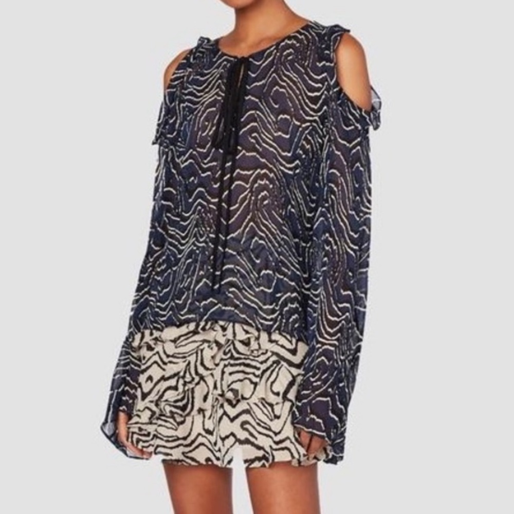 10 Crosby Derek Lam ruffled open shoulder belle sleeve sheer silk blouse blue 2